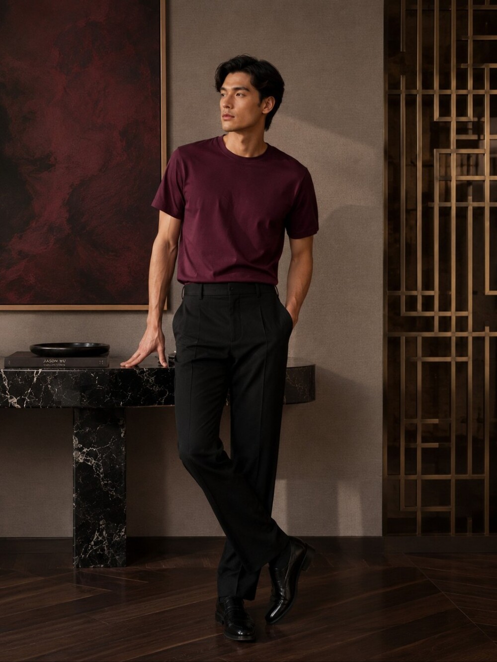 JASON WU New Burgundy 100%‎ Cotton T-Shirt Crew Neck Short Sleeve Men’s LARGE